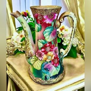 Antique Japanese Art Nouveau Hand Painted Porcelain Teapot Pitcher Vase